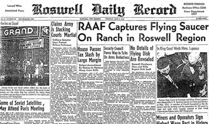 O jornal local Roswell Daily Record anunciando a captura de um disco voador, em 8 de julho de 1947.- Foto: Wikipedia / Foto