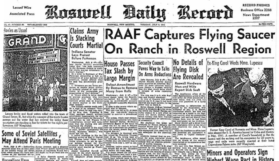 O jornal local Roswell Daily Record anunciando a captura de um disco voador, em 8 de julho de 1947.- Foto: Wikipedia / Foto