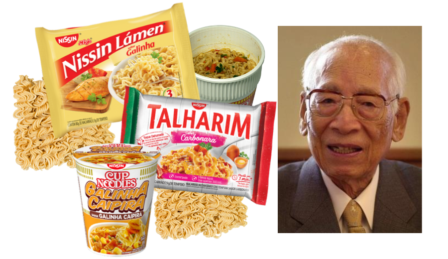 Produtos Nissin e à direita o fundador da marca, Momofuku Ando - Divulgação