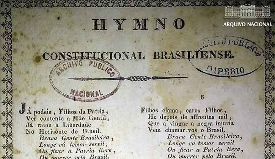 Hino Constitucional Brasiliense. Rio de Janeiro: Typographia do Diário, 1822 - Foto: Wikipédia / Reprodução