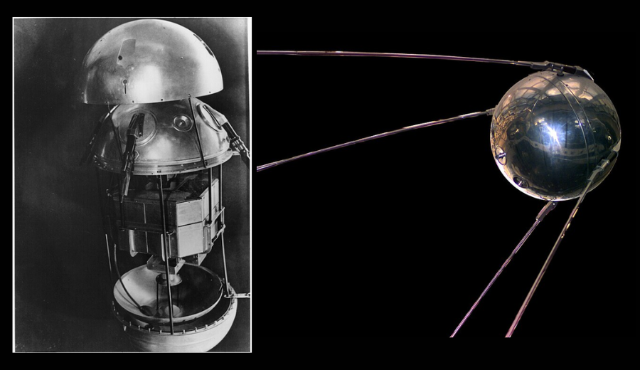 Primeira imagem: Sputnik 1 aberto, mostrando o seu interior - Foto: Reprodução